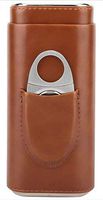 Santoll 3- Finger Brown Leather Cigar Case, Cedar Wood Lined Cigar Humidor with Silver Stainless Steel One