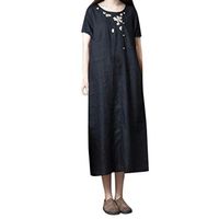 Vintage Summer Casual Cute Women Short Sleeve Mid-Calf Loose Hem Dress Black