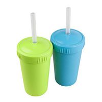 Re-Play Made in USA 2pk Silicone Straw Cups | Cup Bases Made from Eco Friendly Heavyweight Recycled Milk Jugs - Virtually Indestructible | Dishwasher Safe Easy Clean Straws | Lime, Sky