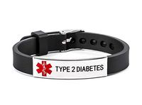 Type 2 Diabetes Medical Alert ID Bracelet Stainless Steel and Silicone Wristband Black for Men Women