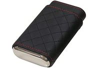 Prestige Import Group - 3 Cigar Holder Leather Diamond Pattern Stitch Style Cigar Travel Case - Black