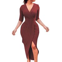 Woman Sexy Solid Color Party Dresses Deep V Neck Trim Split Long Maxi Dresses Half Sleeve Bandage Wedding Party Dresses (Wine, Medium)