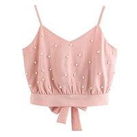 Womens Fashion Tank Vest Chiffon Camisole Sleeveless Crop Tops Pearl Camis (M, Pink)