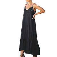 wodceeke Womens Fashion Sleeveless Solid Color V-Neck Dress Hem Irregular Long Maxi Pleated Dresses(Black,M)