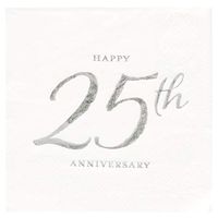 X&O Paper Goods White and Silver 'Happy 25th Anniversary' Beverage and Cocktail Napkins, 20pc, 5.5'' W x 5.5'' L