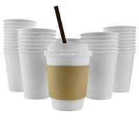 100 Pack - 12 Oz [16 Oz] [4 Colors] Disposable Hot Paper Coffee Cups, Lids, Sleeves, Stirring Straws - Clean White