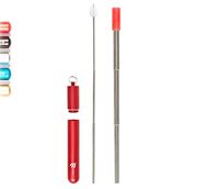 Portable, Stainless Steel telescopic collapsible drinking straws with stylish aluminum case, silicone tip for comfort and extendable cleaning tool. For travel or home. (Red)
