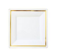 Premium Reusable Heavyweight Plastic Salad Plates, 6.5" 20Count, Traditional Square, Gold