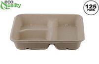 [125 Pack] 33 oz Compostable 3 Compartment Food Trays with Pulp Fiber Lids - Unbleached, Sugarcane, Plant Fiber, Heavy Duty, Microwavable, Biodegradable, Tree Free, Ecofriendly, Lunch Trays, Meal Prep