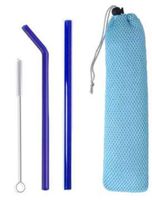 Blue Glass Straw Set 2 Pack with Blue Carrying Case, 9” X 9 mm Bent and Straight, Eco-Friendly, Reusable, Plastic Free, with FREE cleaning brush, Glass Straws Made in USA and shipped from the USA