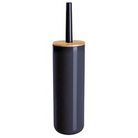 mDesign Compact Freestanding Plastic Toilet Bowl Brush and Holder for Bathroom Storage - Plastic and Bamboo - Sturdy, Deep Cleaning - Navy/Natural Wood Finish