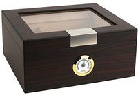 Mantello Ebony Glass-Top Cigar Humidor Humidifier Box with Hygrometer and Cedar Wood Humidity Packet Holder - Holds (25-50 Cigars)