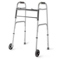 Medline Two-Button Folding Walker with Wheels, 5 inch