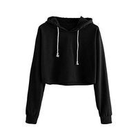 CHIDY Women's Solid Loose Hooded Drawstring Long Sleeve Crop Sweatshirt Crop Tops Pullover Hoodies(Small,A-Black)