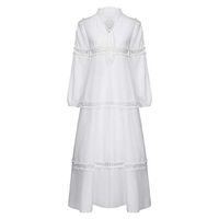 HNTDG Women Plus Size Bohemian Solid Lace Crochet Patchwork Casual Loose 3/19 Sleeve Collar Tunic Dress White
