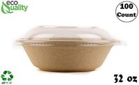 100 Count - EcoQuality 32oz Round Disposable Bowls with Dome Lids Natural Sugarcane Bagasse Bamboo Fibers Sturdy Compostable Eco Friendly Environmental Paper Plastic Bowl Alternative Tree Free