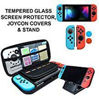 Nintendo Switch Accessories - Starter Kit, Stand, Glass Screen Protector, JoyCon Covers, 20 Game Holder | Protective Travel Carry Shell Pouch
