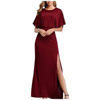 Eoeth Women Sexy Side Split Party Maxi Dress Flowy Temperament O-Neck Ruffle Short Sleeve Business Banquet Evening Gown Wine