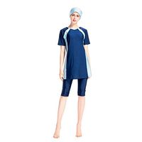 Gojendy Women Solid Color Bathing Suit for Muslim Short Sleeves T Shirt with Stripe Decor (XXL, Navy)