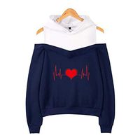 Alangbudu Women Cold Shoulder Printed Hoodie Fake Two-Piece Pullover Long Sleeve Sweatshirt Loose Tops Sport Blouse