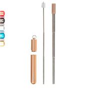 Portable, Stainless Steel telescopic collapsible drinking straws with stylish aluminum case, silicone tip for comfort and extendable cleaning tool. For travel or home. (Gold)