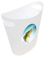 New! 2 Gallon Slim Style Wastebasket in a White Plastic Finish That Features Your Choice of a Novelty Theme Logo and a Free Trash Can Liner! (Bass Fish)