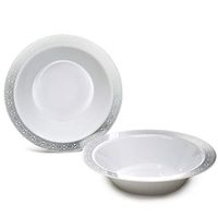 " OCCASIONS" 60 Bowls Pack, Heavyweight Disposable Wedding Party Plastic Bowls (14oz Soup Bowl, Palace in White & Silver)