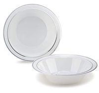 " OCCASIONS" 120 Bowls Pack, Heavyweight Disposable Wedding Party Plastic Bowls (14oz Soup Bowl, White & Silver Rim)