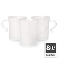 50 Plastic Coffee Cups with Handles, White 8 oz - Disposable or Reusable Tea Mug Pack