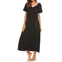 muyuhan Women's Solid Nightshirt Short Sleeve V Neck Long Dress with Pockets(Black,L)
