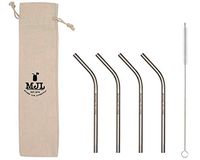 Short Thin Bent Stainless Steel Straws for Cocktail Glasses, Kids, Small Cups, or Half Pint Mason Jars (4 Pack + Cleaning Brush + Cloth Bag)
