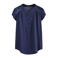 Meikosks Women's Short Sleeve Blouses Striped Printed Tops Hollow Out Patchwork T Shirt Dark Blue