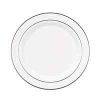 Party Essentials 70-Count Hard Plastic 7.5" Divine Dinnerware Disposable China Salad/Dessert Plates, White with Silver Band