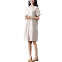 Vintage Casual Cute Women Short Sleeve Cotton Linen Loose Flower Summer Dress Khaki