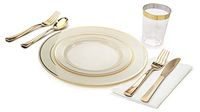 " OCCASIONS" 960 pcs/120 Guest-Full Set - Wedding Disposable Plastic Plates Silverware, Gold Rimmed Tumblers and Ivory Napkins (Combo B, Ivory & Gold Rim)