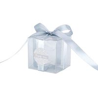 Gechtas 20Pcs PET Crystal Clear Cube Favor Boxes, 2"x2"x2", Food Safe, 0.3mm Thick, with Silver Grey Satin Ribbon and Thank You Stickers, for Wedding, Shower, Party Favors (#C)
