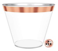 JL Prime 100 Rose Gold Plastic Cups, 9 Oz Heavy Duty Reusable Disposable Rose Gold Rim Clear Plastic Cups, Old Fashioned Tumblers, Hard Plastic Drinking Cups for Party and Wedding
