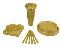 350 PCS Disposable Tableware Combo Pack INCLUDES: 50 9" Gold Plastic dinner plates | 50 7" plastic appetizer plates |50 plastic cups | 50 paper napkins | 50 plastic cutlery spoons forks & knives