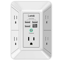 USB Wall Charger，LVETEK Surge Protector 5 Outlet Extender with 4 USB Ports (1 USB C Outlet) 3 Sided 1680J Power Strip Multi Plug Outlets Wall Adapter Spaced for Home Travel Office ETL Listed