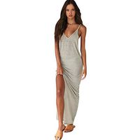 Cliramer Women Fashion Pure Color Sleeveless Deep V-Neck Sexy Boho Beach Slim Long Maxi Dress Flowy Party Dress Gray