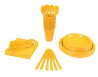 350 PCS Disposable Tableware Combo Pack INCLUDES: 50 9" Yellow Plastic dinner plates | 50 7" plastic appetizer plates |50 plastic cups | 50 paper napkins | 50 plastic cutlery spoons forks & knives