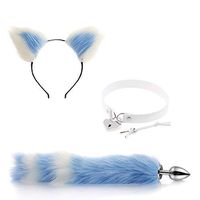 3Pcs Plush Cat Ear Headband Headpiece and Fox Tail Toys an-?l Pl-¨´g Kit Halloween Prom Nightclub Lock Your Love（Blue and White）-S