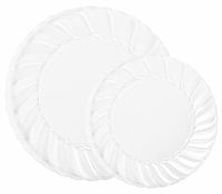 Party Joy 50-Piece Plastic Dinnerware Set | Flairs Collection | (25) Dinner Plates & (25) Salad Plates | Heavy Duty Premium Plastic Plates for Wedding, Parties, Camping & More (Clear Frosted)