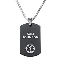 Divoti Deep Custom Laser Engraved Stainless Steel Medical Alert Necklace for Men, Chic Black & Silver Medical ID Necklace, Medical Dog Tag w/Free Engraving 24 Snake Chain-Black
