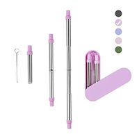 FJPTREN Telescopic Stainless Steel Metal Straw Collapsible Reusable Portable Drinking with Case Cleaning Brush Suitable for Travel Home Office Outdoor (Oval-Purple)