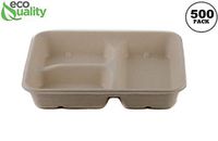 [500 Pack] 33 oz Compostable 3 Compartment Food Trays with Pulp Fiber Lids - Unbleached, Sugarcane, Plant Fiber, Heavy Duty, Microwavable, Biodegradable, Tree Free, Ecofriendly, Lunch Trays, Meal Prep