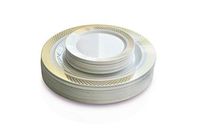 " OCCASIONS" 300 Pcs Set & 60 GuestWedding Disposable Plastic Plate & Silverware Combo Set (Celebration White & Gold plates, Gold Silverware)
