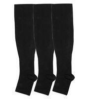Open toe Toeless Compression Socks 3 Pairs for Women& Men 15-20 mmHg Knee High Toeless Support Stockings Hose Athletic Running Travel Pregnancy(L/XL, Black)