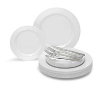" OCCASIONS" 150pcs set (25 Guests)-Wedding Plastic Plates & cutlery -Disposable heavyweight Dinnerware 10.5'', 7.5'' + Silverware w/double fork (Plain White)