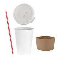 (50 Sets) 10 oz Disposable Coffee Cups with Flat Lids and Sleeves Combo, BONUS Stirrers, White Paper Hot Cups with Lids by Tezzorio